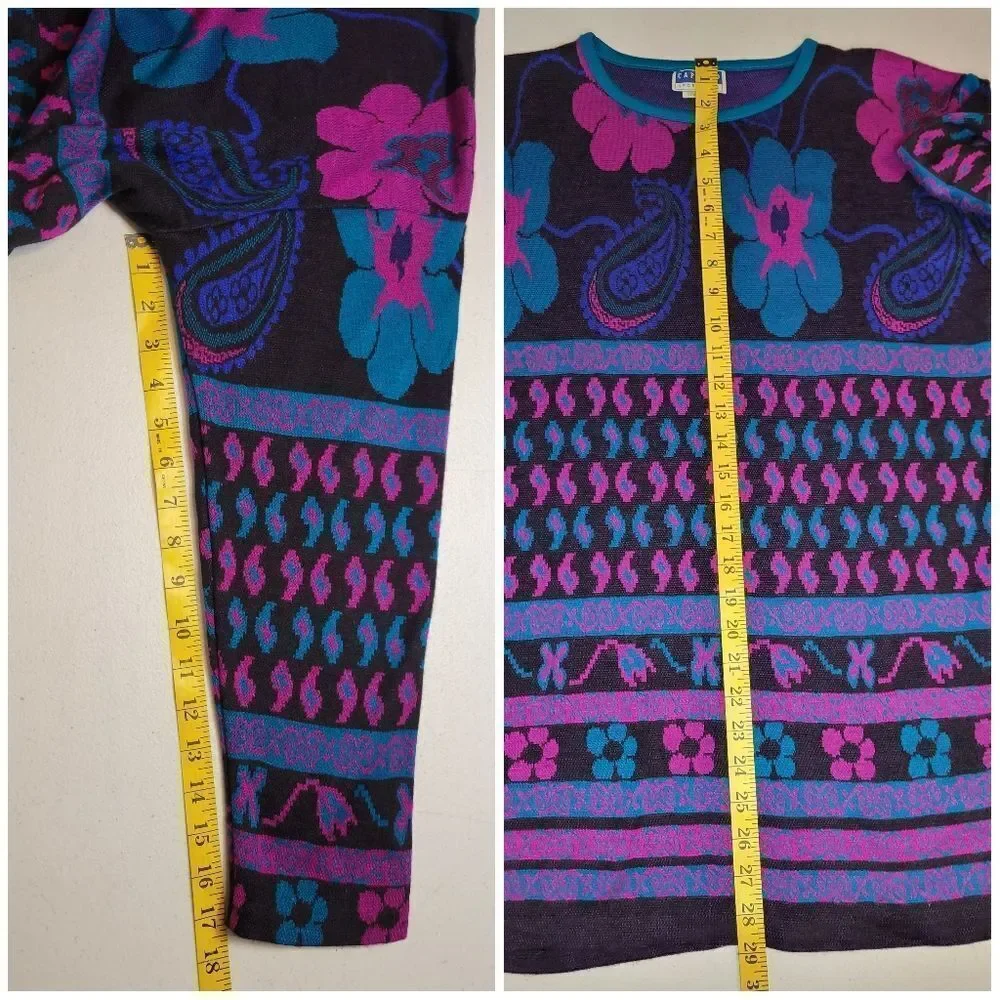 Cape Cod Vintage 80s Black Purple Teal  Floral Paisley Patterned Knit Sweater